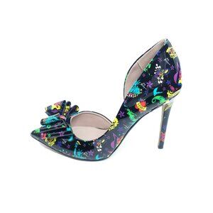 Betsey Johnson Prince Tattoo Bow Pumps Black Multicolor Stiletto Heels Size 10